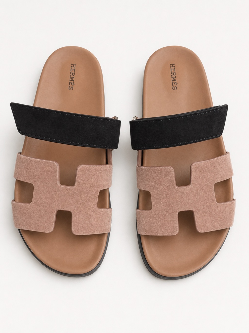 Hermes Chypre Suede Sandals Rose Perle Black Size 39